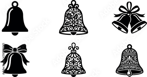 Fotografía Christmas holiday bells silhouette icons vector set featuring ornate floral filigree patterns classic handbells and decorative ribbon bows