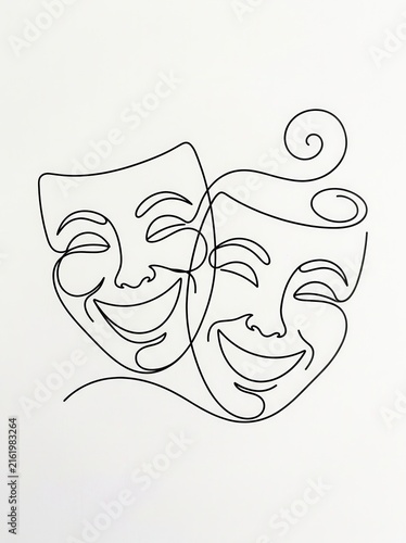 Minimalist Continuous Line Art of Two Smiling Comedy Theater Masks on White Background