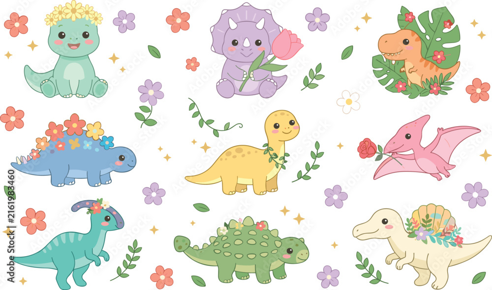 Obraz premium Cute Dinosaur Flower Collection with Kawaii Prehistoric Animals, Floral Decorations and Fantasy Character Illustrations for Kids Designs