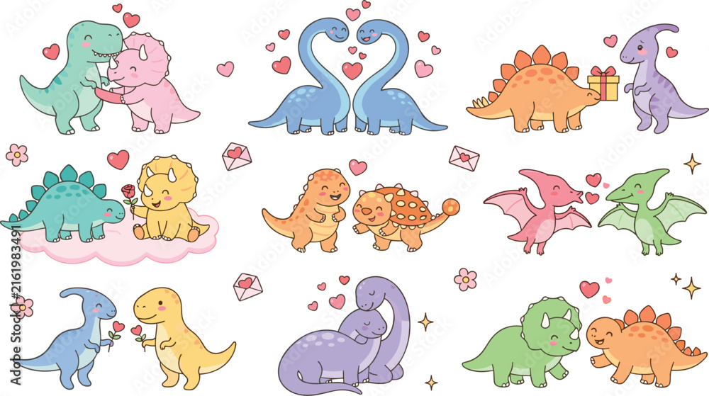 Obraz premium Cute Dinosaur Couple Love Collection with Romantic Hearts, Gift and Flower Elements, Kawaii Prehistoric Animal Character Vector Illustrations