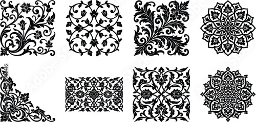 Vintage Floral Ornament Decorative Border and Mandala Vector Silhouette Design Collection