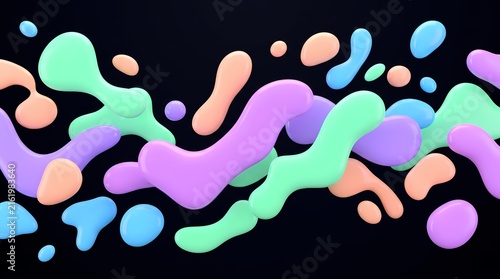 Vibrant 3D abstract shapes in pastel colors such as mint green, lavender purple, peach orange, and sky blue floating dynamically against a solid black background.