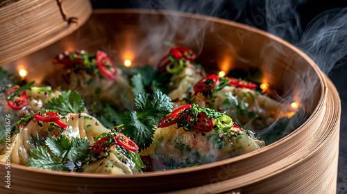 Steaming asian dumplings garnished with chili and herbs in bamboo steamer, dumplings