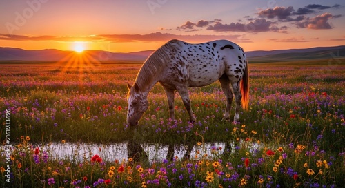 Golden Hour Grace: A dappled steed drinks at dawn's tranquil pool, bathed in a painted sky.