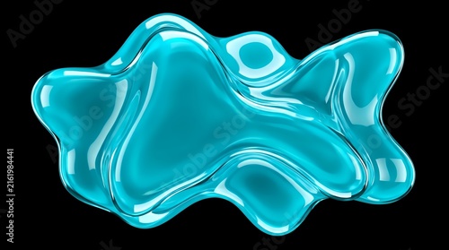 glossy cyan liquid blob shape with reflective surfaces and smooth curves, isolated against a solid black background.