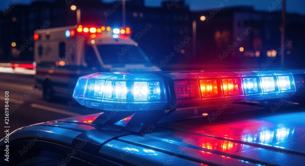 Fototapeta premium Emergency Vehicle Lights Flashing at Night Scene.