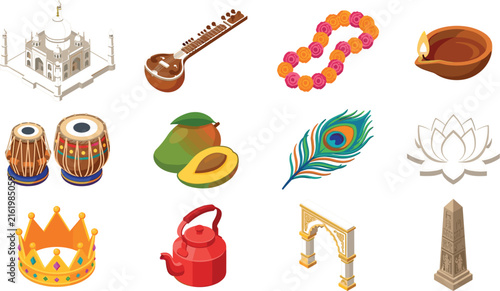 Cuadro en lienzo Indian Cultural Elements Collection Isometric Vector Illustrations On White Back