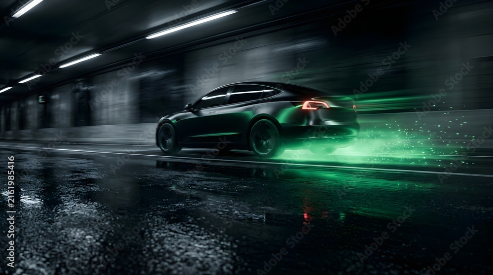 Fototapeta premium Black electric car driving fast through a city tunnel with green light