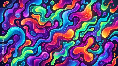 abstract background featuring a vibrant field of colorful liquid blobs, smooth curves, and glossy fluid shapes in bright neon hues.