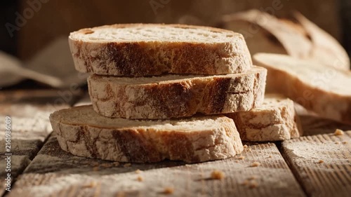 Freshly Baked Sourdough Bread Slices Stacked on a Rustic Wooden Table