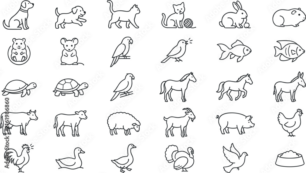 Obraz premium Pets and Domestic Farm Animals Outline Icon Set with Dog Cat Livestock Poultry and Veterinary Care Symbols