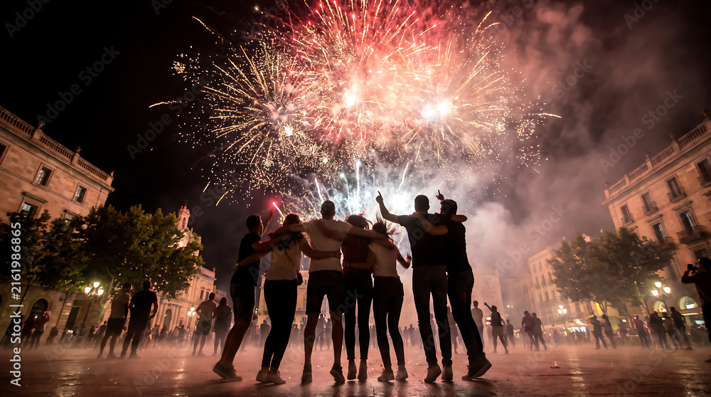 Naklejka premium Group of friends watching vibrant fireworks display