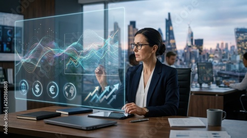 Businesswoman Analyzing Financial Data with Digital Graphs in Modern Office