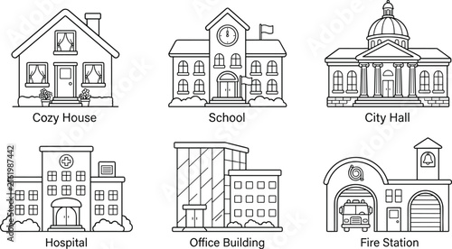 City Buildings and Public Infrastructure Outline Icon Set Featuring House, School, Hospital, Office, Fire Station, and Government Architecture Vector Elements