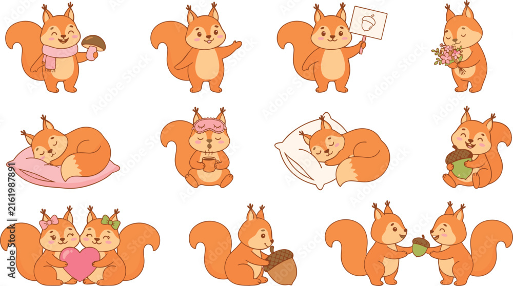 Obraz premium Cute Squirrel Cartoon Character Sticker Set in Various Poses Holding Acorn, Mushroom, Flowers, and Sleeping on Pillow for Autumn Children Graphic Vector Designs