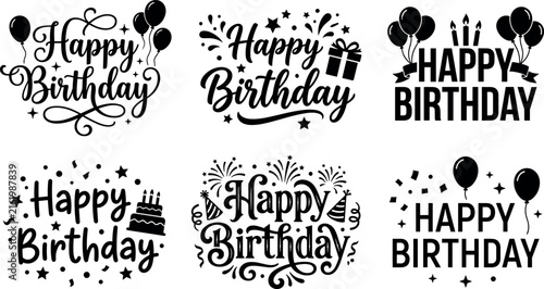 Canvas Print Happy birthday lettering badges vector set with black text quotes balloons gift
