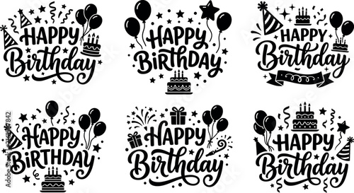 Canvas Print Happy birthday lettering badges vector set with black calligraphy text overlays