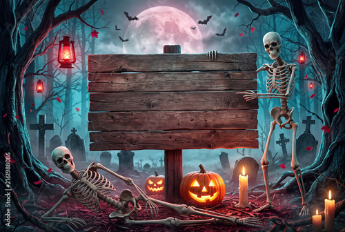 Spooky halloween background with skeletons, wooden sign, pumpkins, and tombstones in a dark forest
