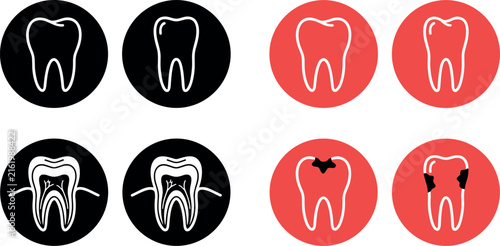 Set of dental tooth anatomy and decay icons in black and red circles