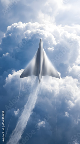 Futuristic supersonic jet flying high through clouds