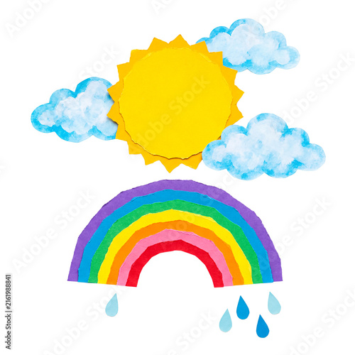 Cheerful paper cut-out illustration of a sun, fluffy clouds, a vibrant rainbow.
