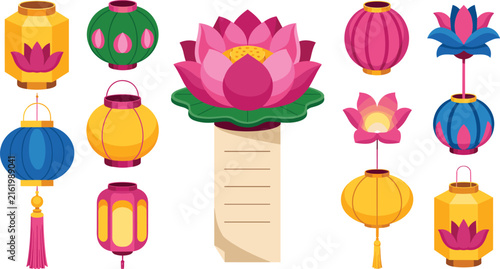Traditional Chinese Lantern Clipart Collection with Lotus Lanterns, Hanging Festival Decorations, and Mid Autumn Celebration Elements for Elegant Vector Designs