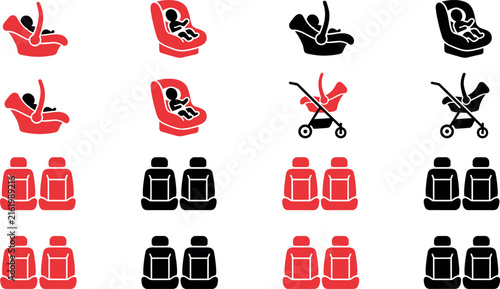 Set of baby car seats, strollers, and vehicle passenger seats in red and black