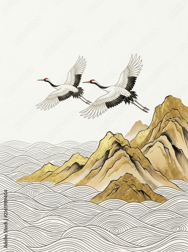 Obraz premium Traditional Japanese Style Illustration of Two Red-Crowned Cranes Flying Over Golden Mountains and Stylized Sea Waves