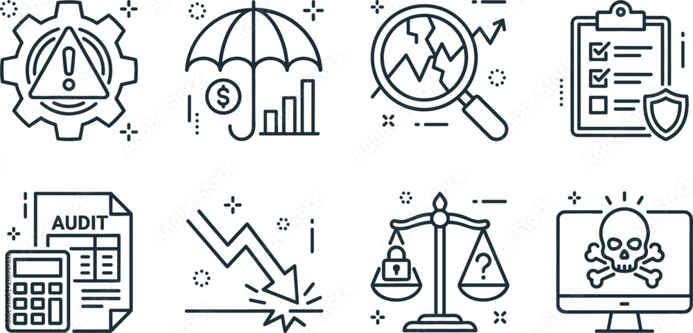 Fototapeta premium Financial Risk Management and Business Audit Line Icon Set with Market Crash Economic Protection Cyber Security Threat and Compliance Vectors