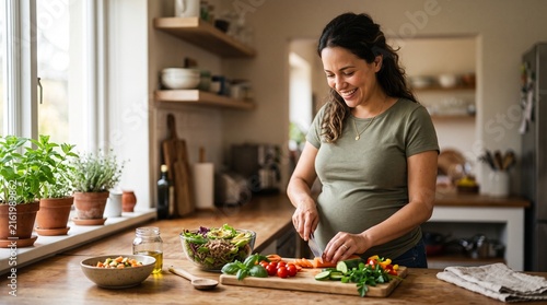 Expecting Mother Preparing Healthy Meal: A smiling pregnant woman with a visibly round belly joyfully prepares a fresh, vibrant salad in a sunlit, modern kitchen, surrounded by healthy ingredients.