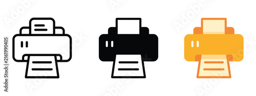Printer or Fax Icon, Set with Paper Printout Machine and Document Symbols for Office Line Glyph and Flat Design