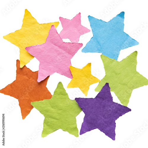 Photography An artistic arrangement of vibrant, textured paper stars forming a heart shape
