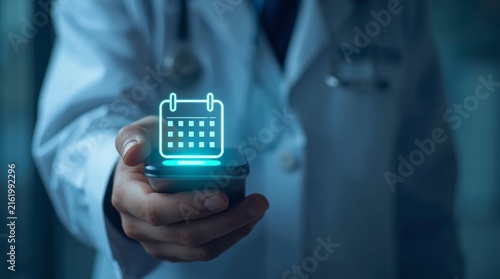 Professional using digital calendar appointment scheduling on smartphone with medical theme