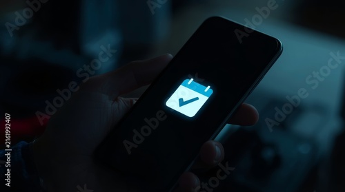 Hand holding smartphone showing calendar confirmation notification glowing screen dark background