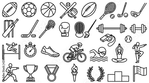 Collection of sports icons and equipment, representing various athletic activities and achievements.