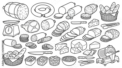 Collection of various deli meats, cheeses, and bread in a black and white illustration style.