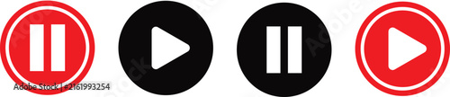 Set of play and pause media control buttons with red and black circular designs