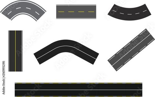 Set of various road sections with curves and straight lines for map design