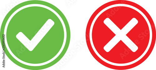 Green check mark and red cross mark icons set isolated on white background