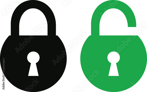 Black locked padlock and green unlocked padlock icons for security and safety web design elements