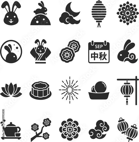 Mid-Autumn Festival silhouette icon set vector illustration featuring moon rabbit, mooncake, lanterns, lotus, clouds, tea and traditional Chinese celebration symbols