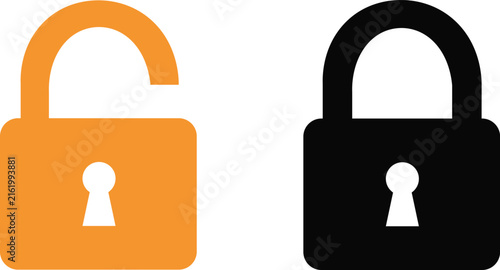 Orange unlocked padlock and black locked padlock icons set