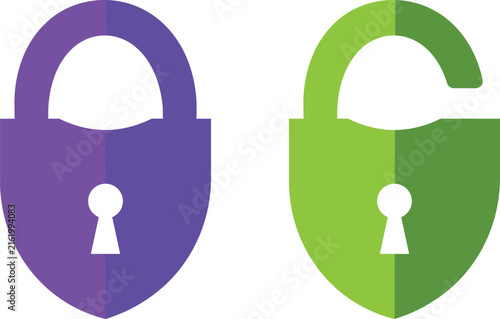 Set of purple locked and green unlocked padlock icons for security and safety concepts