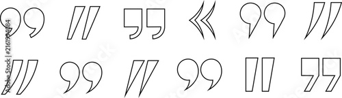Set of various black outline quotation marks and speech bubble symbols on a white background