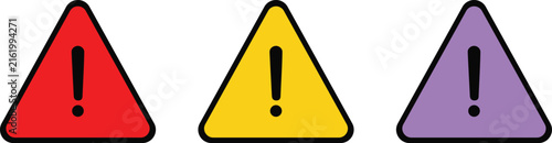 Set of three colorful triangle warning signs with exclamation marks isolated on white background