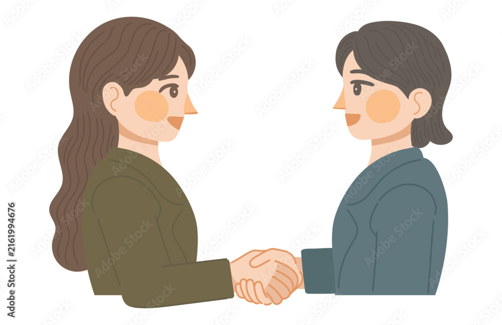 Obraz premium 笑顔で握手をする2人の女性会社員のイラスト