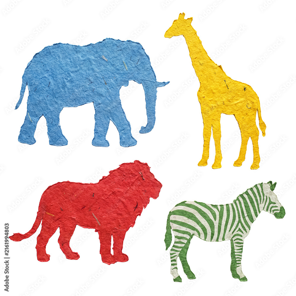 Naklejka premium Colorful textured paper cutouts of an elephant, giraffe, lion, and zebra, isolated on a transparent background.