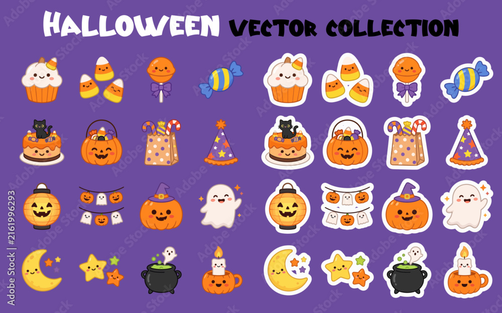 Fototapeta premium A comprehensive collection of cute halloween vector stickers featuring pumpkins ghosts candy and spooky holiday themed icons