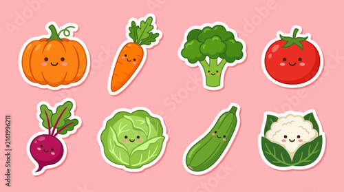 Cute cartoon vegetable stickers collection featuring smiling pumpkin carrot broccoli tomato beet cabbage zucchini and cauliflower in vibrant vector design