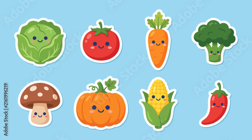 Vibrant vector illustration set featuring cute happy vegetable characters with smiling faces designed as colorful stickers for children and fun projects